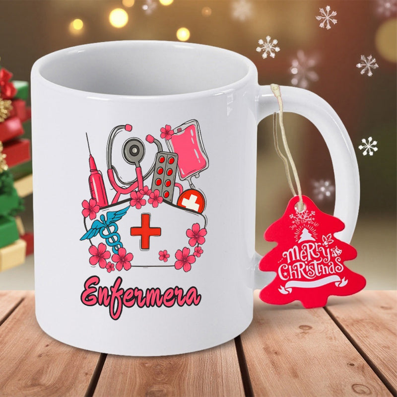 Tailorly White Ceramic 11 oz Mug - Artistic Healthcare Equipment With Pink Flowers And Red Nurse Hat Ceramic Mug