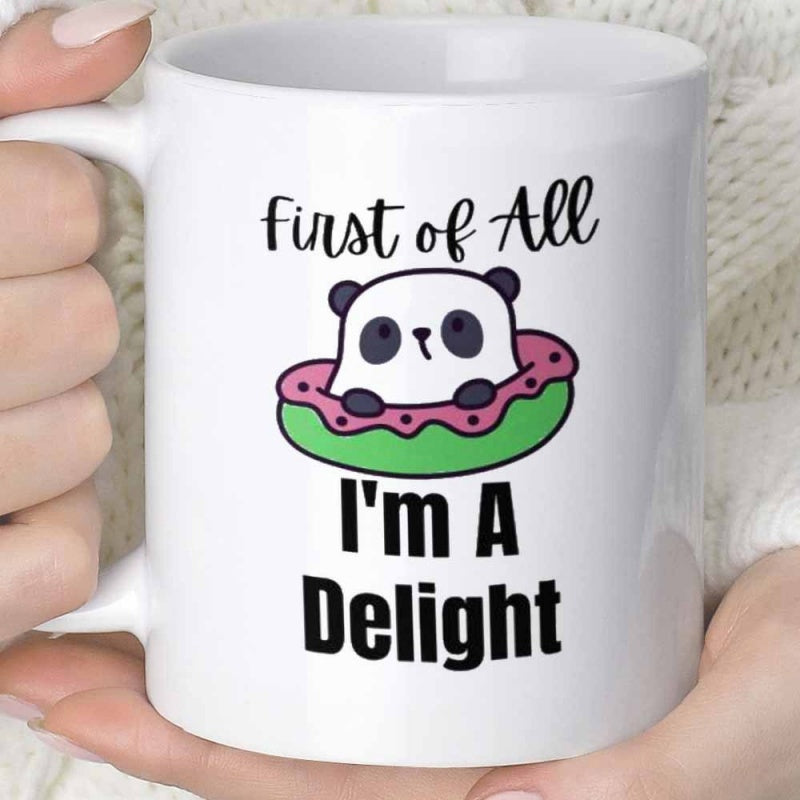 Tailorly White Ceramic 11 oz Mug - First Of All I'm A Delight Adorable Cartoon Panda Resting In A Colorful Pink Glazed Donut Panda