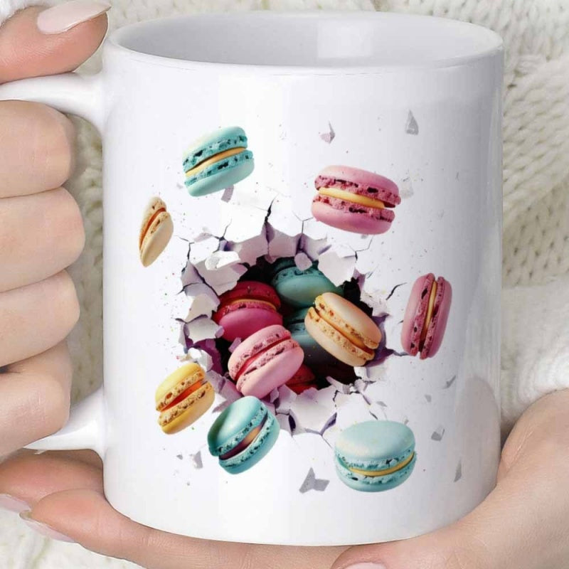 Tailorly White Ceramic 11 oz Mug - Colorful Sweet French Pastries Bursting Through A White Cracked Wall Macaron
