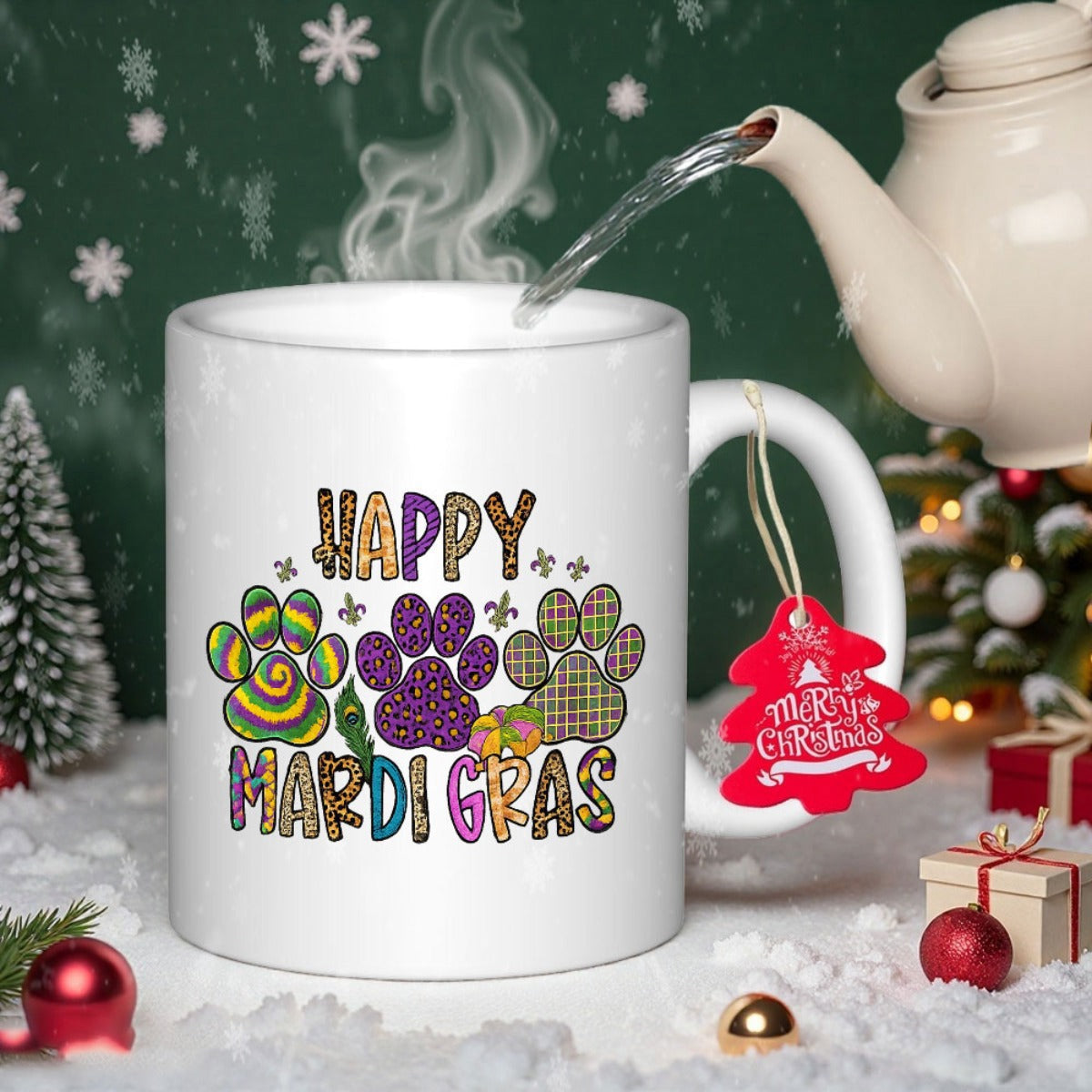 Tailorly White Ceramic 11 oz Mug - Happy Mardi Gras Three Decorative Paw Prints Featuring Festive Mardi Gras Patterns And Colors Paw Print