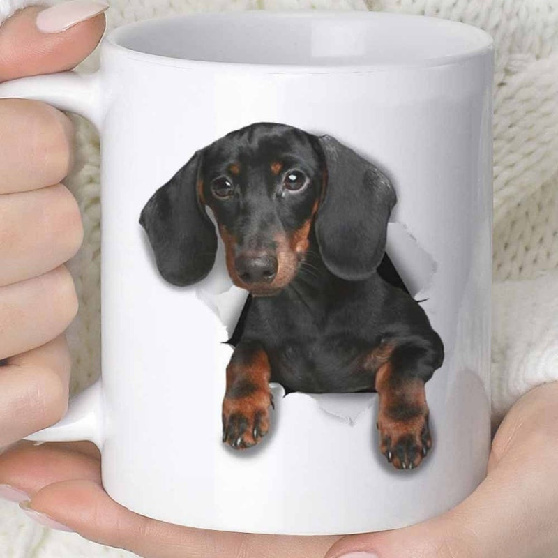Tailorly White Ceramic 11 oz Mug - Realistic Black And Tan Puppy Peeking Through Torn Paper Hole Dachshund