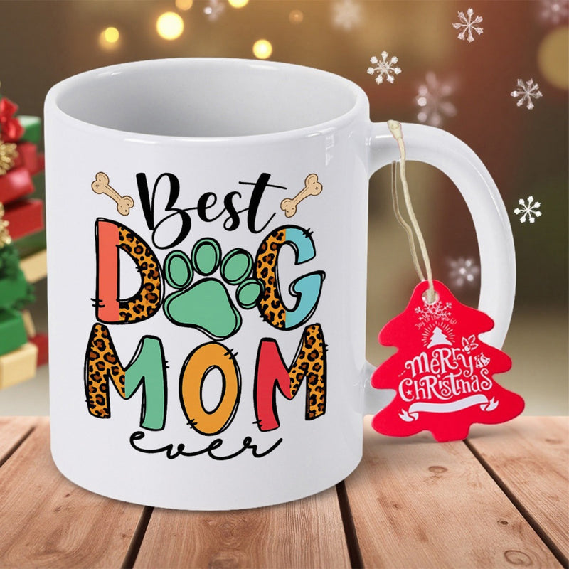 Tailorly White Ceramic 11 oz Mug - Best Dog Mom Ever Merry Christmas Colorful Leopard Print Letters Featuring Paw Print And Small Dog Bones Mug