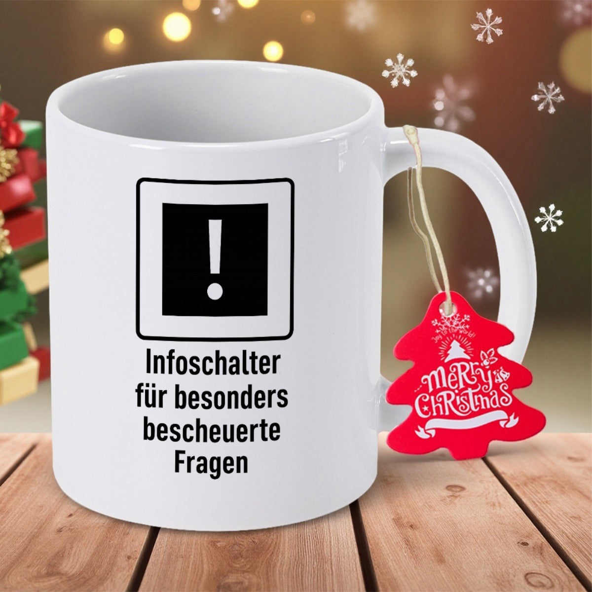 Tailorly White Ceramic 11 oz Mug - Merry Christmas Bold Black Square Featuring White Exclamation Mark Symbol On Ceramic Mug