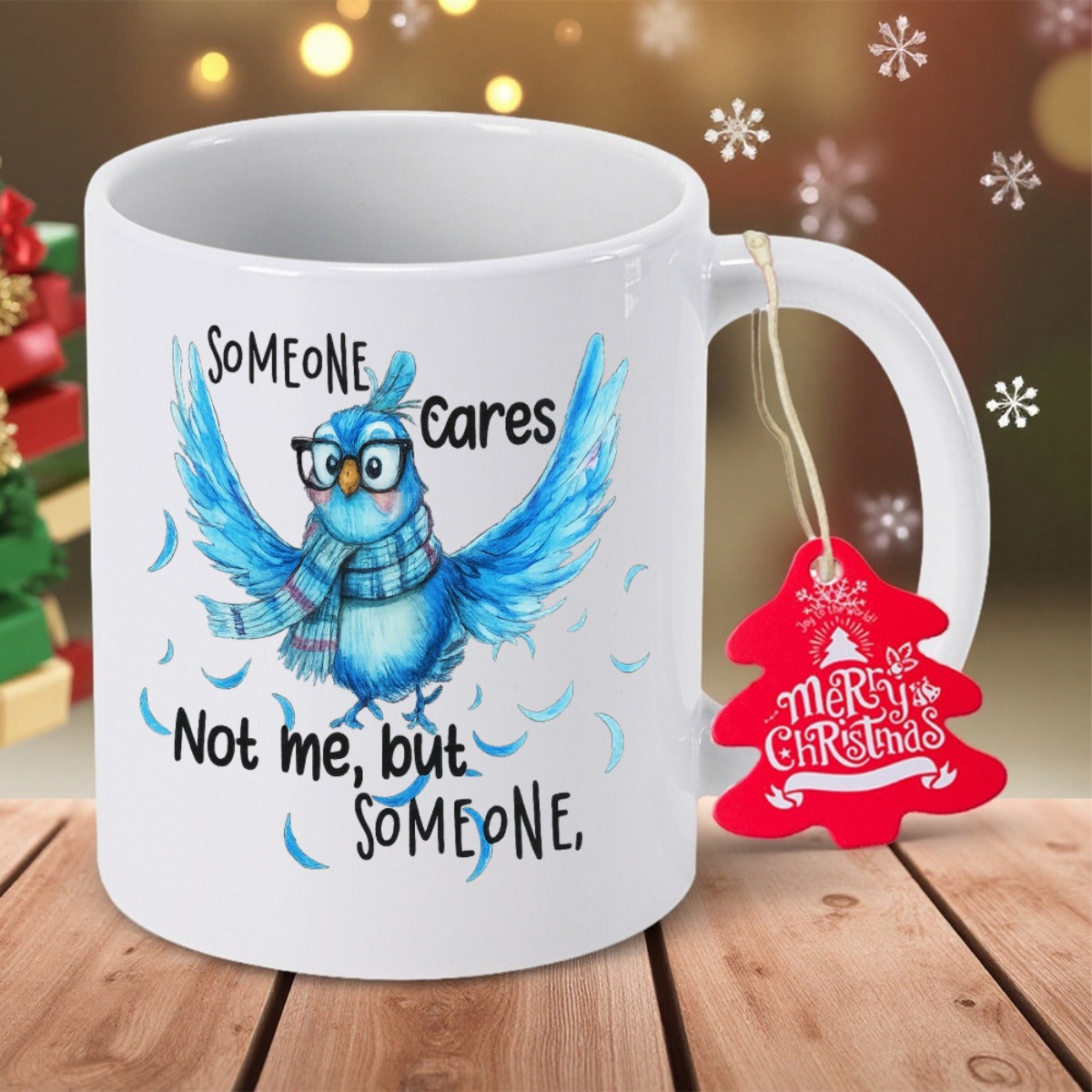 Tailorly White Ceramic 11 oz Mug - Someone Cares Not Me But Someone Merry Christmas Adorable Watercolor Blue Animal Wearing Winter Scarf And Glasses Spreading