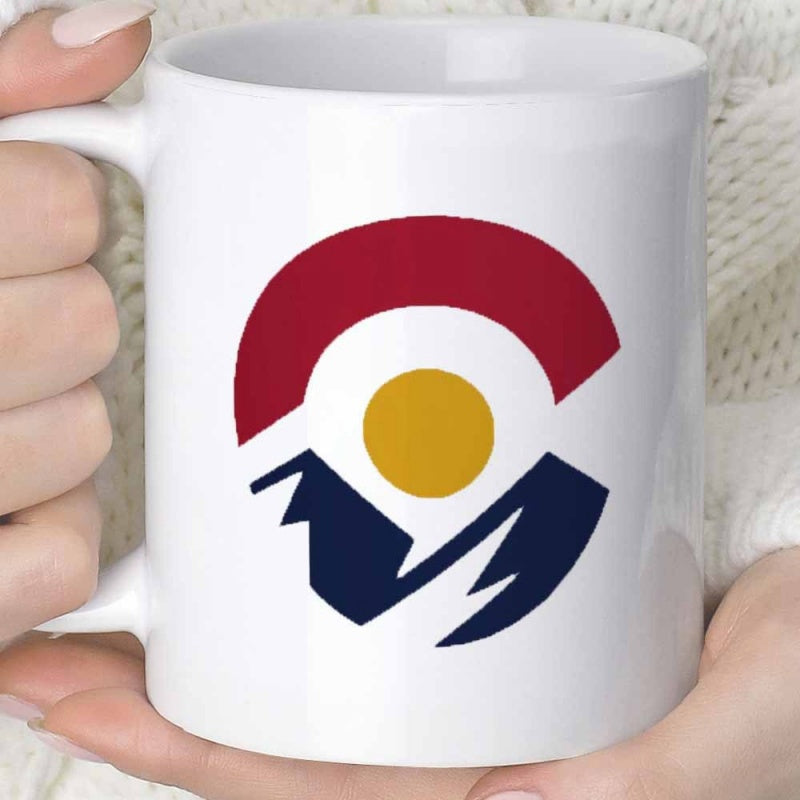 Tailorly White Ceramic 11 oz Mug - Minimalist Stylized Red And Blue Geometric Circle Symbolizing Rocky Mountains