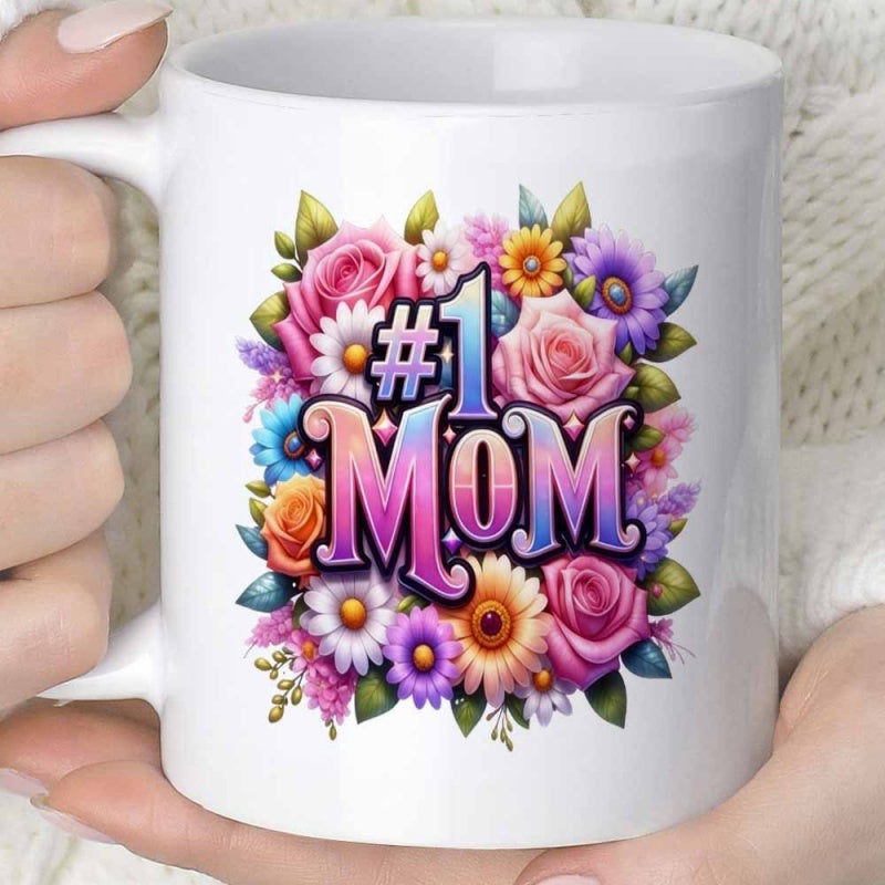 Tailorly White Ceramic 11 oz Mug - Number One Mom Vibrant Colorful Blooming Roses And Daisies Arranged In Elegant Cluster Flower