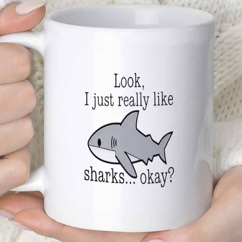 Tailorly White Ceramic 11 oz Mug - Look I Just Really Like Sharks Okay Minimalist Playful Cartoon Sea Creature Swimming Through Deep Blue Ocean Shark
