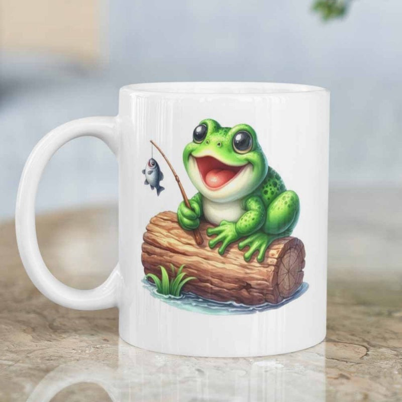 Tailorly White Ceramic 11 oz Mug - Cheerful Little Green Character Fishing From A Weathered Wooden Log Frog