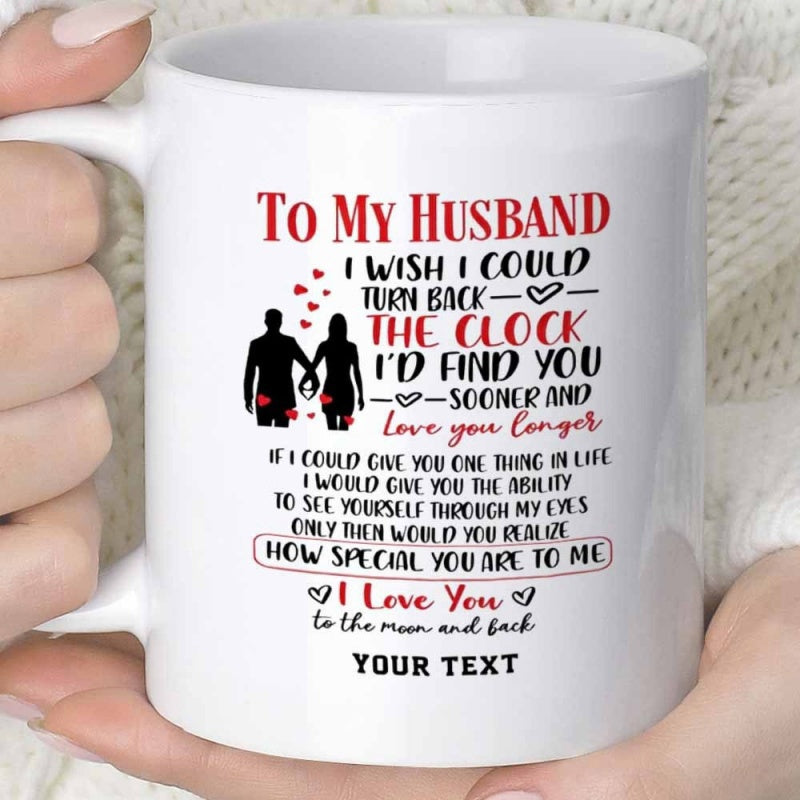 Tailorly White Ceramic 11 oz Mug - To My Husband I Love You To The Moon And Back Sweet Silhouettes Of A Romantic Couple Holding Hands Among Floating Red Hearts