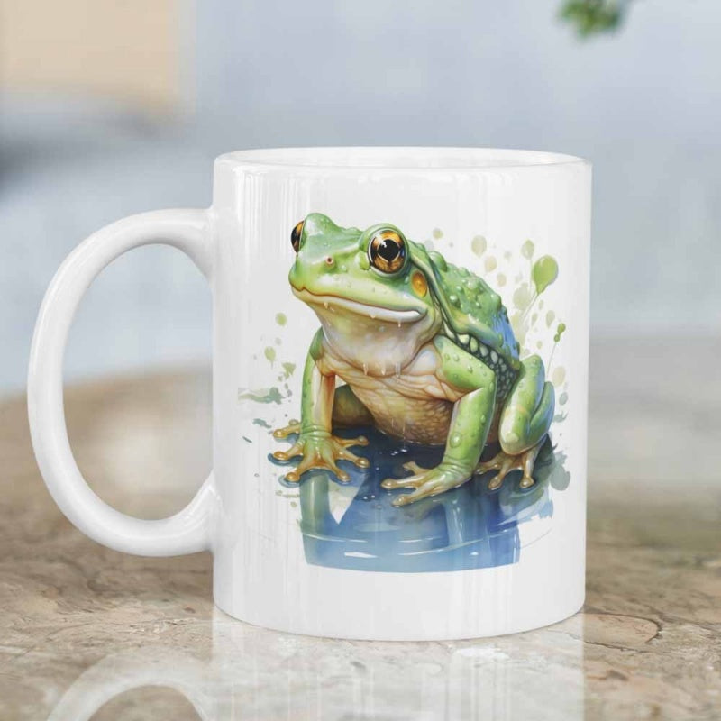 Tailorly White Ceramic 11 oz Mug - Vibrant Watercolor Green Toad Resting On A Calm Blue Water Surface Frog