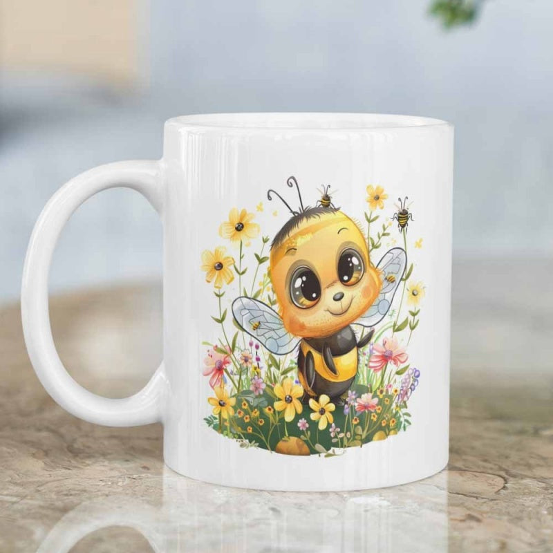 Tailorly White Ceramic 11 oz Mug - Cute Bumblebee Flying Among Yellow Spring Flowers In A Blooming Sunny Garden Bee