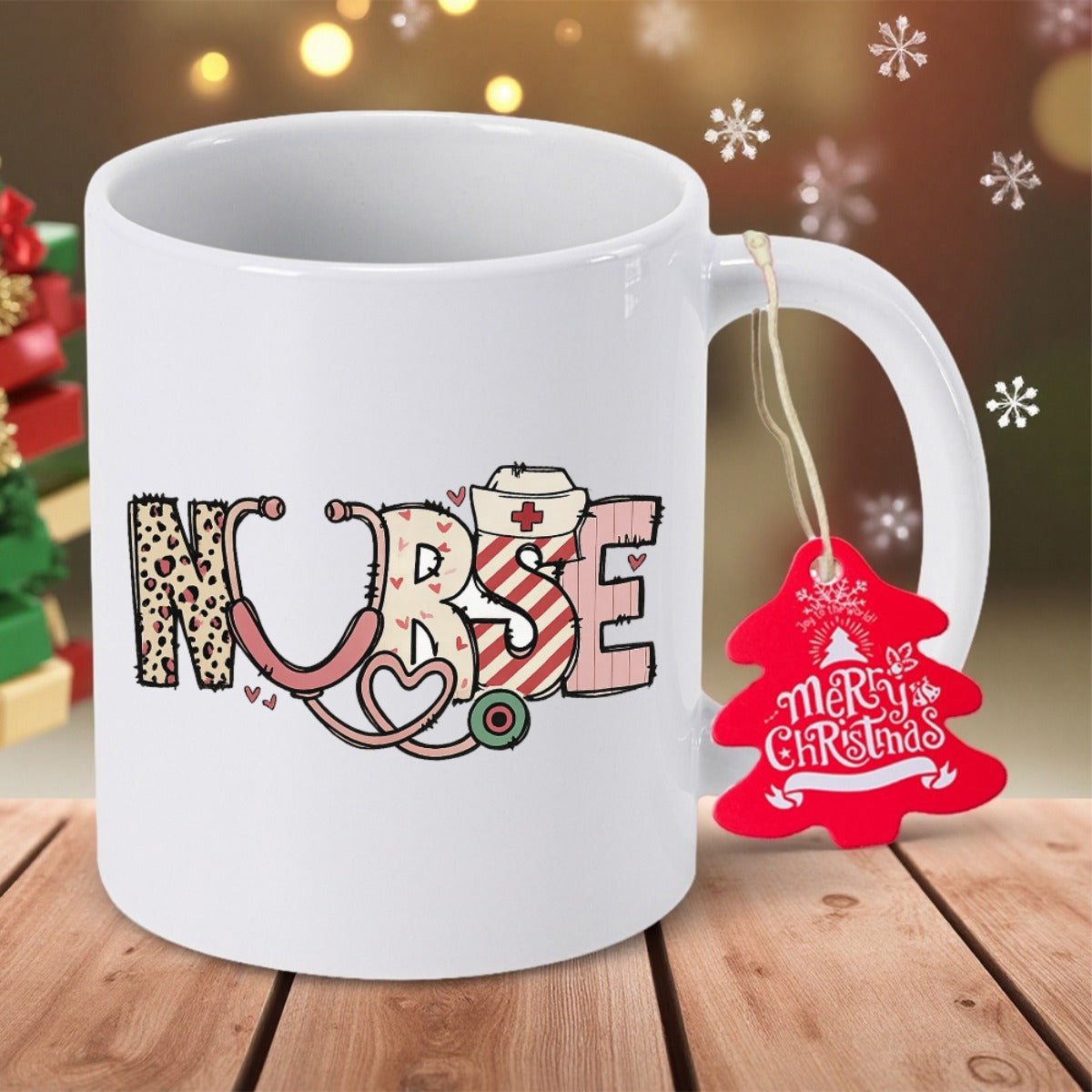 Tailorly White Ceramic 11 oz Mug - Nurse Merry Christmas Festive Medical Symbols Among Decorated Stylized Alphabet Letters On