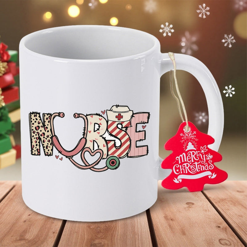 Tailorly White Ceramic 11 oz Mug - Nurse Merry Christmas Festive Medical Symbols Among Decorated Stylized Alphabet Letters On