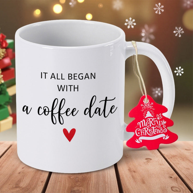 Tailorly White Ceramic 11 oz Mug - It All Began With A Coffee Date Festive White Ceramic Vessel With Red Heart And Christmas Tree Mug