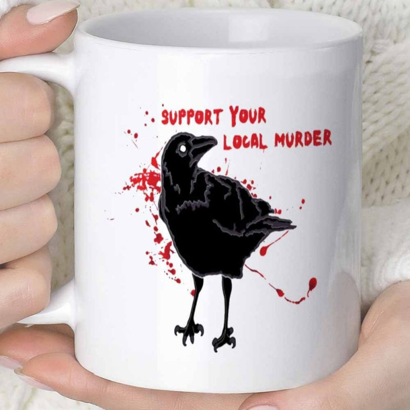 Tailorly White Ceramic 11 oz Mug - Support Your Local Murder Artistic Raven Standing Amidst Bold Dramatic Red Ink Splatter Crow