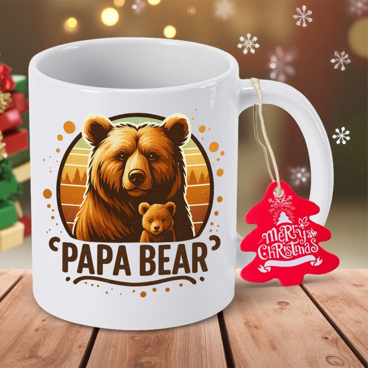 Tailorly White Ceramic 11 oz Mug - Papa Bear Majestic Grizzly With Small Cub Among Retro Forest Sunset Background Bear