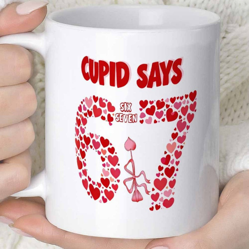 Tailorly White Ceramic 11 oz Mug - Cupid Says Six Seven Artistic Red Hearts Forming Festive Numerals With Romantic Cupid Arrow Numbers
