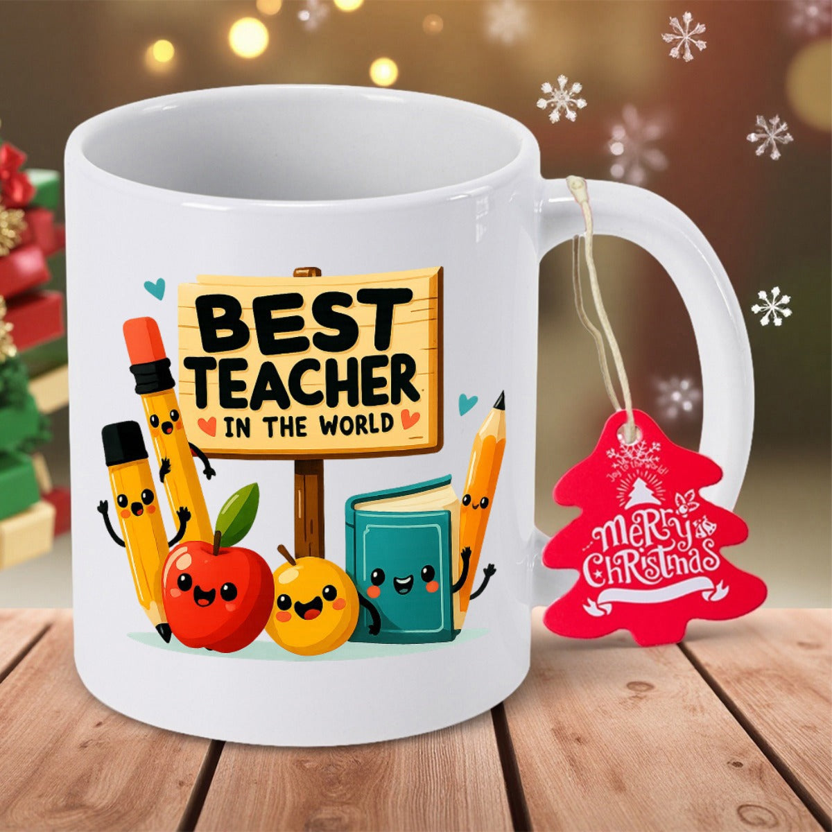 Tailorly White Ceramic 11 oz Mug - Best Teacher In The World Cute Cartoon School Supplies Including Pencils And Apples With Smiling Faces Sign