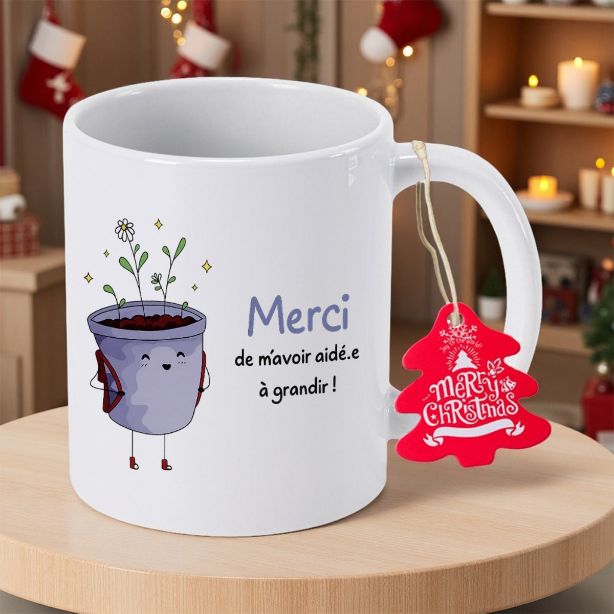 Tailorly White Ceramic 11 oz Mug - Merry Christmas Cute Smiling Potted Plant Character Growing Small Flowers In A Minimalist Style Plant