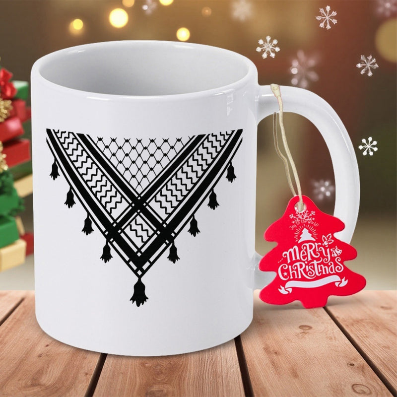 Tailorly White Ceramic 11 oz Mug - Merry Christmas Traditional Black Geometric Design Featuring Intricate Netting And Tassels Keffiyeh