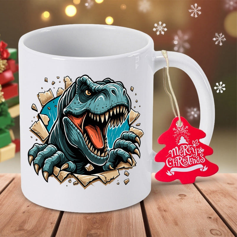 Tailorly White Ceramic 11 oz Mug - Merry Christmas Fierce Blue Tyrannosaurus Rex Tearing Through White Paper Background Dinosaur