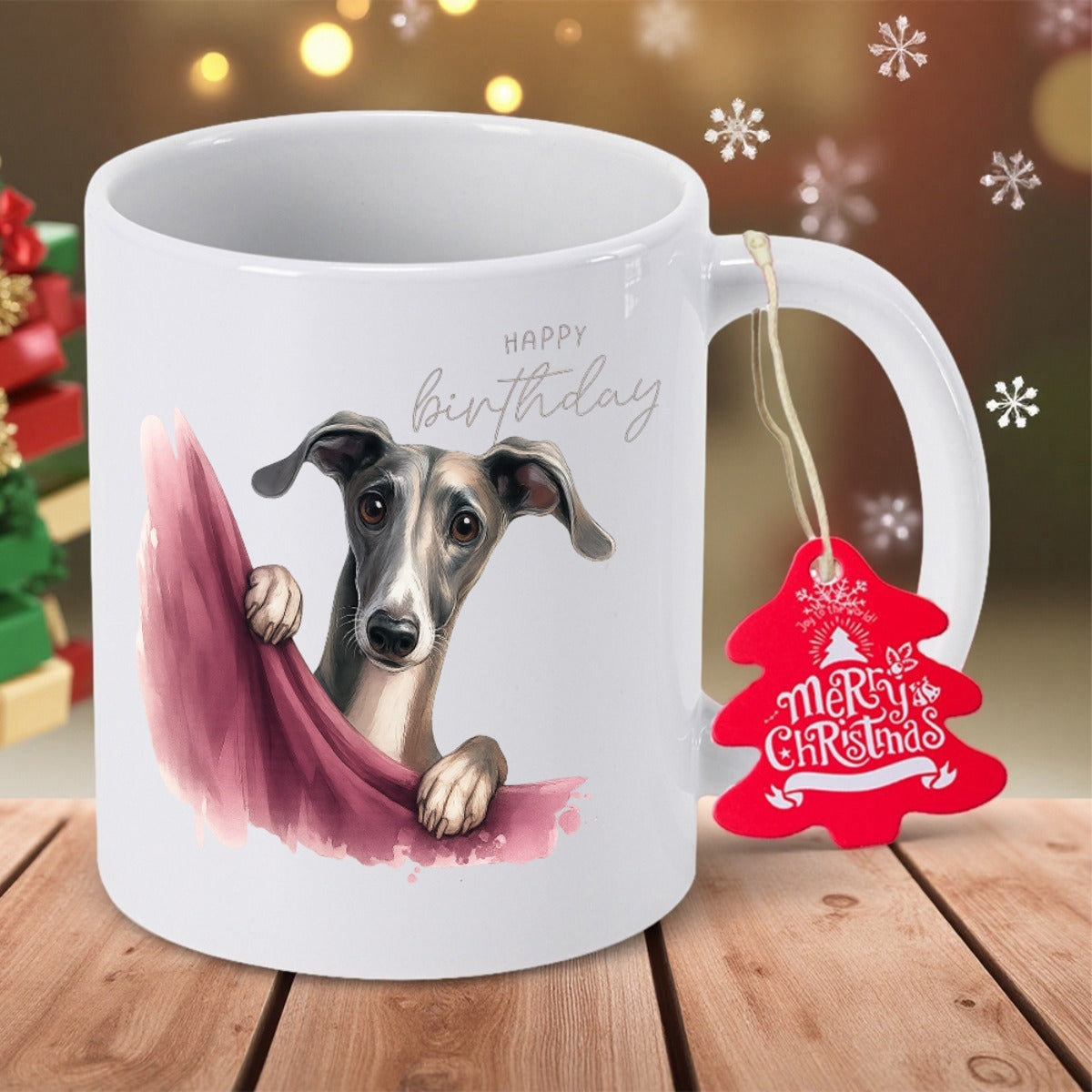 Tailorly White Ceramic 11 oz Mug - Happy Birthday Merry Christmas Cute Greyhound Peeking Behind Red Fabric Under Festive Holiday Lights Greyhound