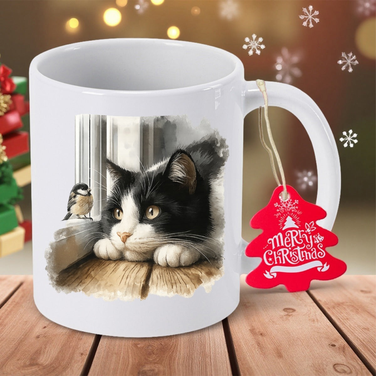 Tailorly White Ceramic 11 oz Mug - Merry Christmas Gentle Tuxedo Cat Watching Tiny Bird Beside Cozy Window Sill Cat