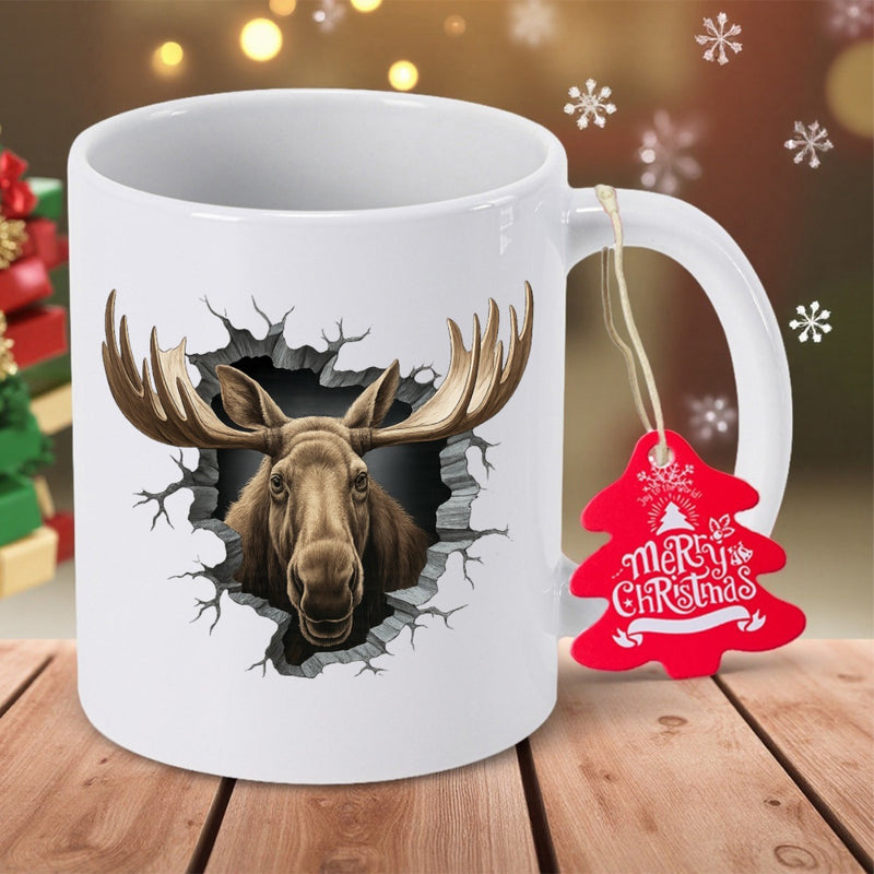 Tailorly White Ceramic 11 oz Mug - Merry Christmas Three Dimensional Cracked Wall Effect Featuring Realistic Brown Wild Moose