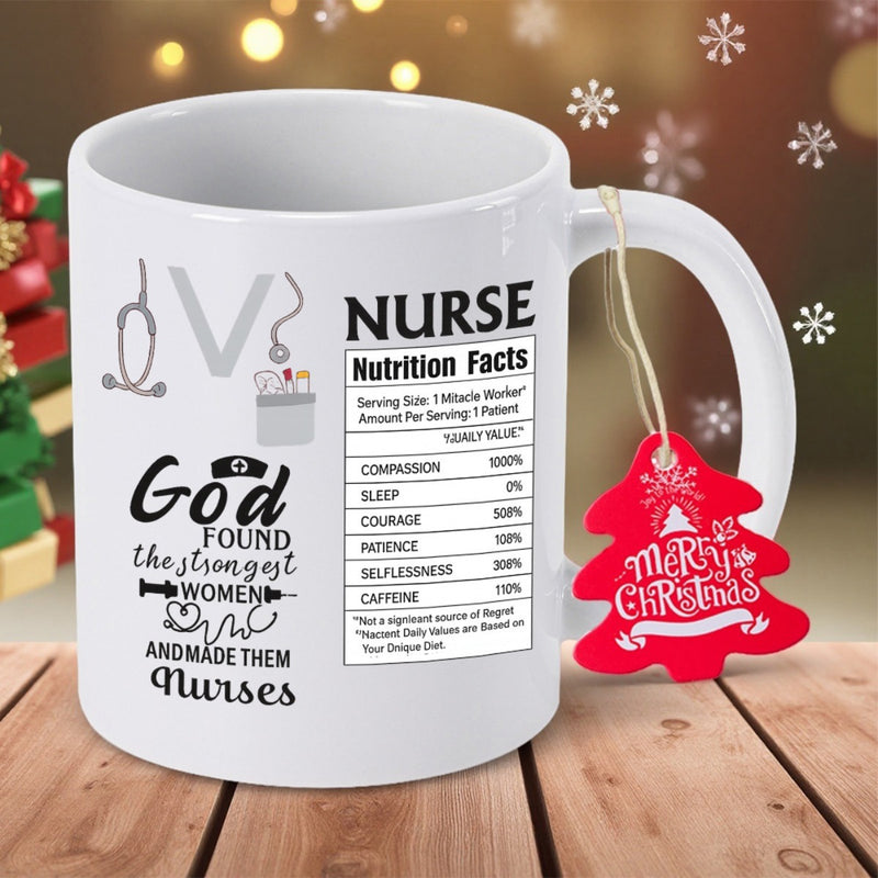 Tailorly White Ceramic 11 oz Mug - Nurse Nutrition Facts God Found The Strongest Women And Made Them Nurses Merry Christmas Sleek With Stethoscope And Syringe