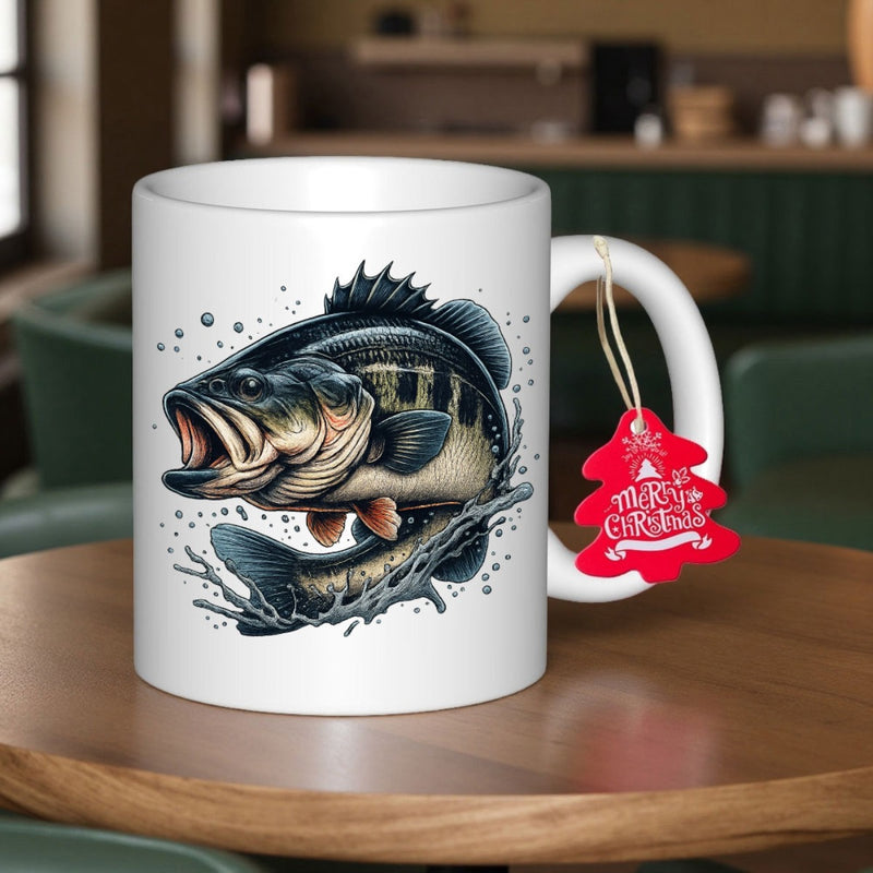 Tailorly White Ceramic 11 oz Mug - Merry Christmas Majestic Jumping Fish Leaping From Splashing Water With Bubbles Bass
