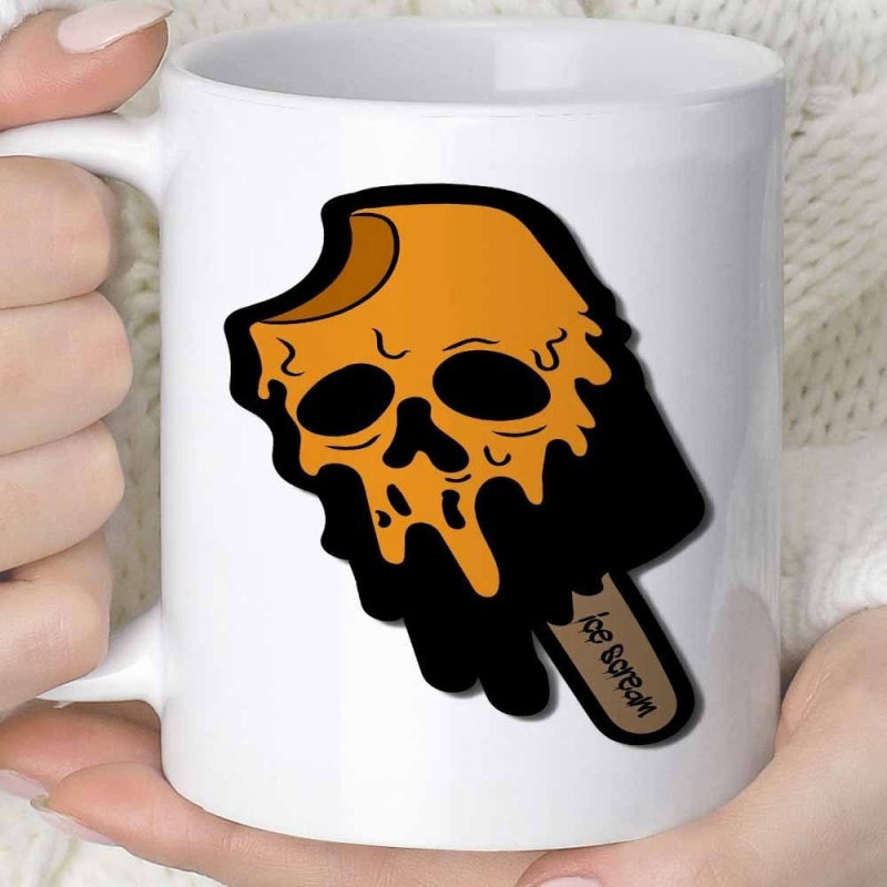 Tailorly White Ceramic 11 oz Mug - Ice Scream Melting Orange Cream With Skull Face Dripping From Dark Chocolate Popsicle