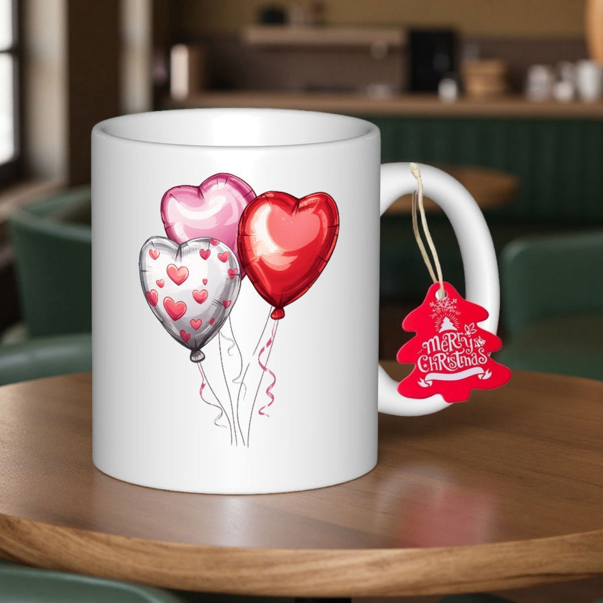 Tailorly White Ceramic 11 oz Mug - Merry Christmas Three Heart Shaped Balloons Floating Together With Elegant Curly Hanging Strings Balloon