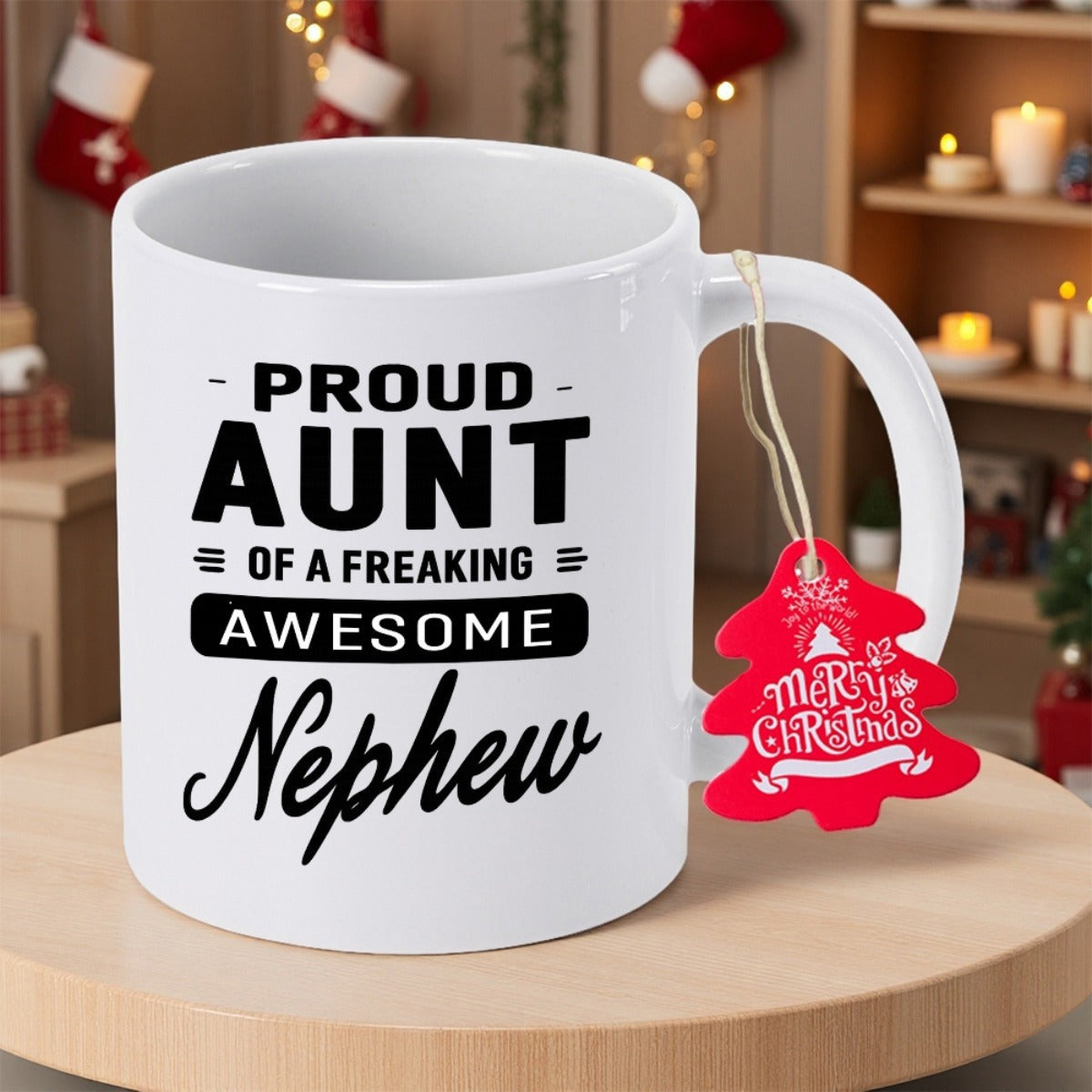 Tailorly White Ceramic 11 oz Mug - Proud Aunt Of A Freaking Awesome Nephew Merry Christmas Minimalist White Ceramic With Bold Black Typography Standing On Wood