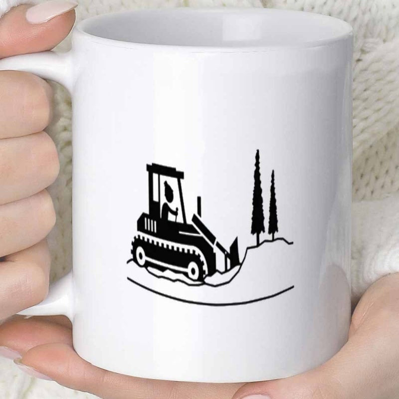 Tailorly White Ceramic 11 oz Mug - Minimalist Black Silhouette Of Construction Equipment Clearing Land Under Tall Pine Trees Bulldozer