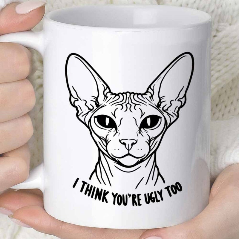 Tailorly White Ceramic 11 oz Mug - I Think Youre Ugly Too Detailed Minimalist Line Art Drawing Of A Hairless Sphynx Face Cat