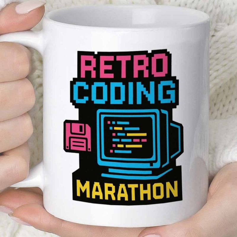 Tailorly White Ceramic 11 oz Mug - Retro Coding Marathon Vintage Style Pixelated Screen Displaying Lines Of Code And Floppy Disk Computer