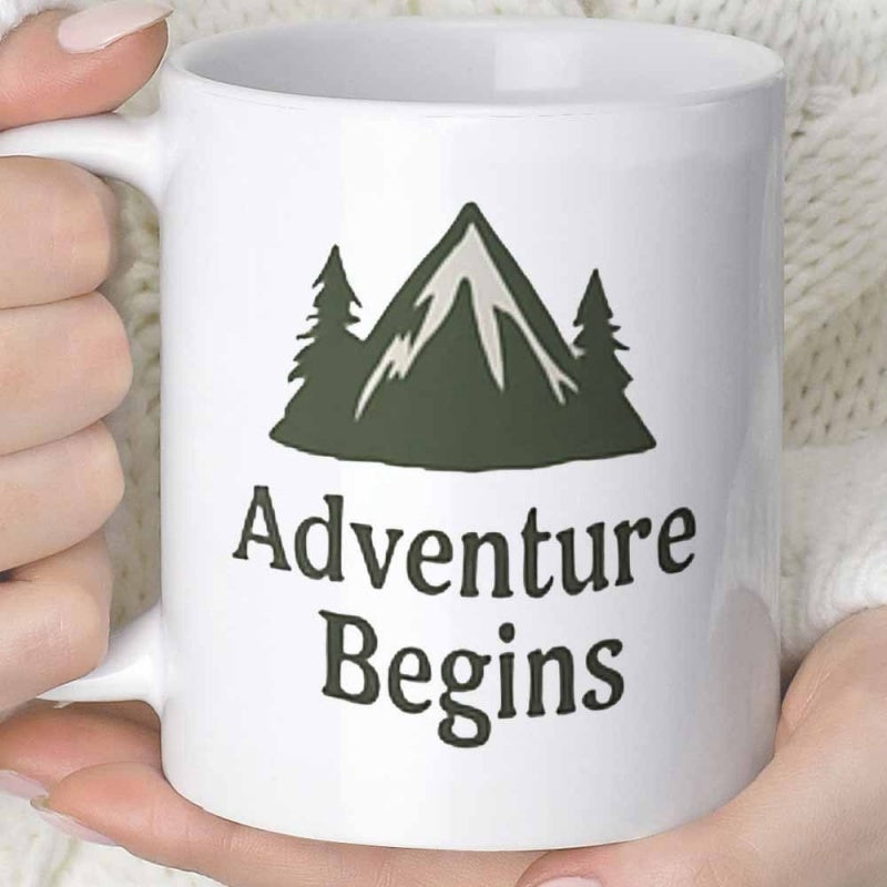 Tailorly White Ceramic 11 oz Mug - Adventure Begins Dark Green Peaks With Snowy Tops Surrounded By Silhouette Evergreen Pine Trees Mountain