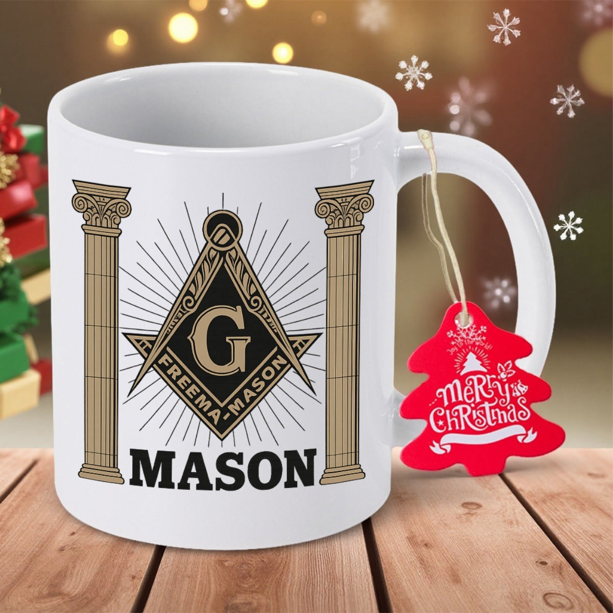 Tailorly White Ceramic 11 oz Mug - Freemason Mason Merry Christmas Detailed Classic Golden Pillars Flanking Ancient Radiant Geometric Secret Society Emblem