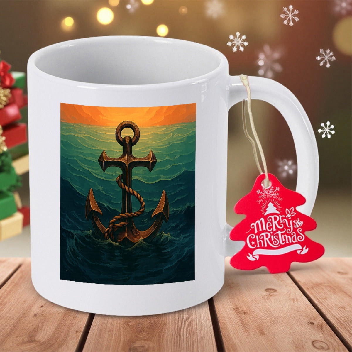 Tailorly White Ceramic 11 oz Mug - Sturdy Metal Nautical Theme With Swirling Ocean Waves Under A Glowing Sunset Anchor