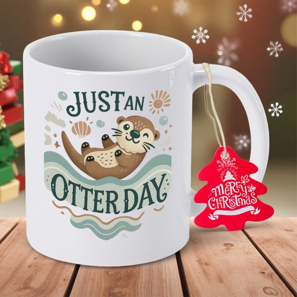 Tailorly White Ceramic 11 oz Mug - Just An Otter Day Floating Gracefully On Colorful Ocean Waves With Shells Otter