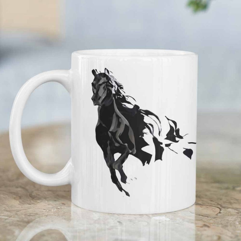 Tailorly White Ceramic 11 oz Mug - Artistic Black Ink Style Galloping Silhouette With Flowing Mane And Tail Horse