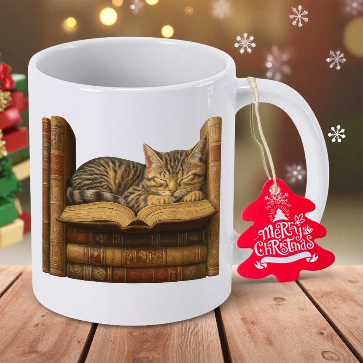 Tailorly White Ceramic 11 oz Mug - Merry Christmas Cozy Striped Tabby Sleeping Peacefully On A Vintage Stack Of Open Books Cat