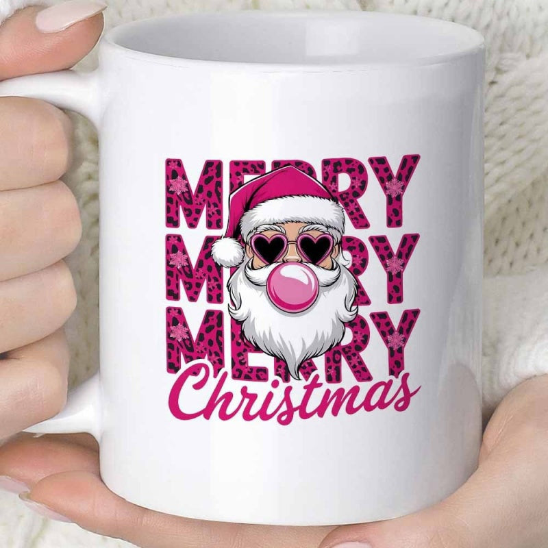 Tailorly White Ceramic 11 oz Mug - Merry Merry Merry Christmas Trendy Pink Bubblegum Character Wearing Heart Shaped Sunglasses And Leopard Pattern Santa