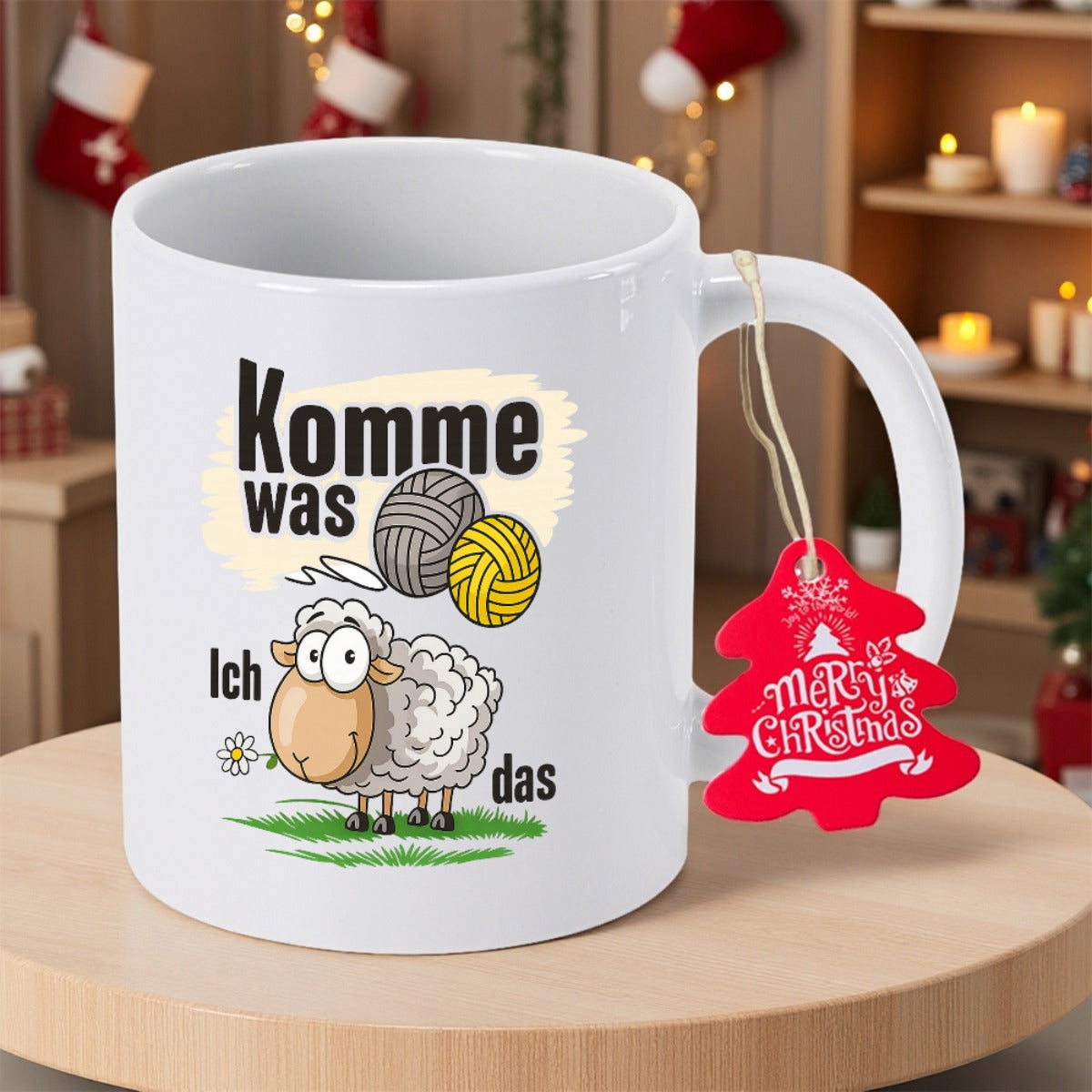Tailorly White Ceramic 11 oz Mug - Merry Christmas Cute Cartoon With Two Balls Of Yarn Standing On Green Grass Sheep