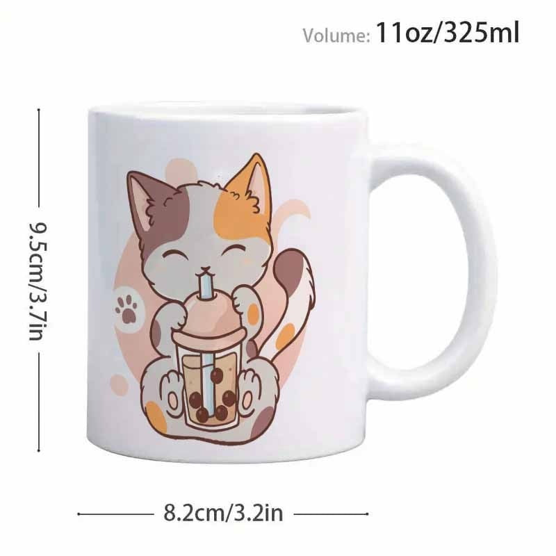 Tailorly White Ceramic 11 oz Mug - Adorable Calico Kitten Sipping On A Tasty Cup Of Boba Cat