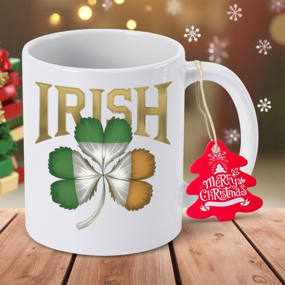 Tailorly White Ceramic 11 oz Mug - Irish Three Leaf Clover Featuring Vibrant National Flag Colors And Artistic Texture Shamrock