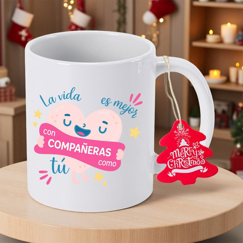 Tailorly White Ceramic 11 oz Mug - Merry Christmas Cute Pink Smiling Heart Character Surrounded By Bright Golden Twinkling Stars Heart