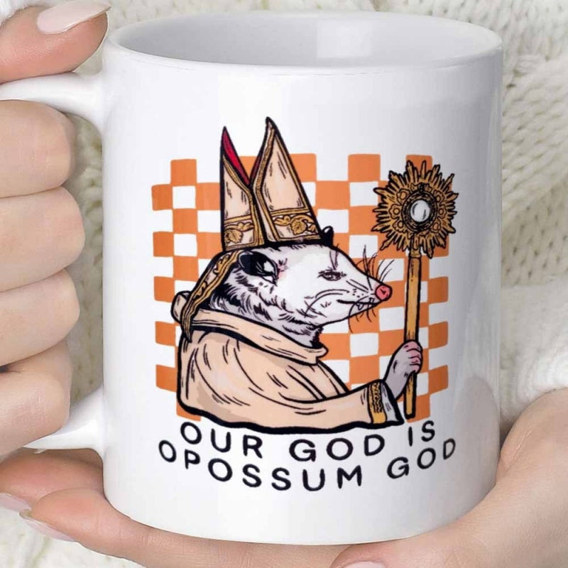 Tailorly White Ceramic 11 oz Mug - Our God Is Opossum God Regal Animal Wearing Ornate Religious Attire Holding Glowing Sun Staff Among Checks Opossum
