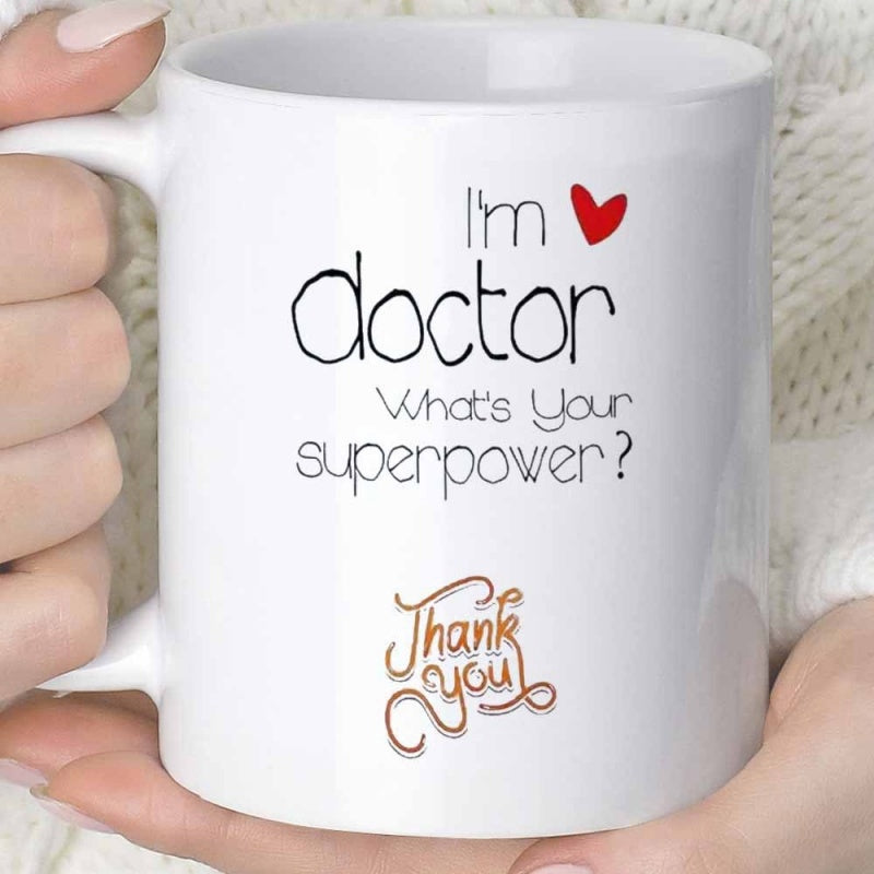 Tailorly White Ceramic 11 oz Mug - I M Doctor What S Your Superpower Thank You Simple Red Heart Above Minimalist Handwritten Typography Featuring Elegant Stylized