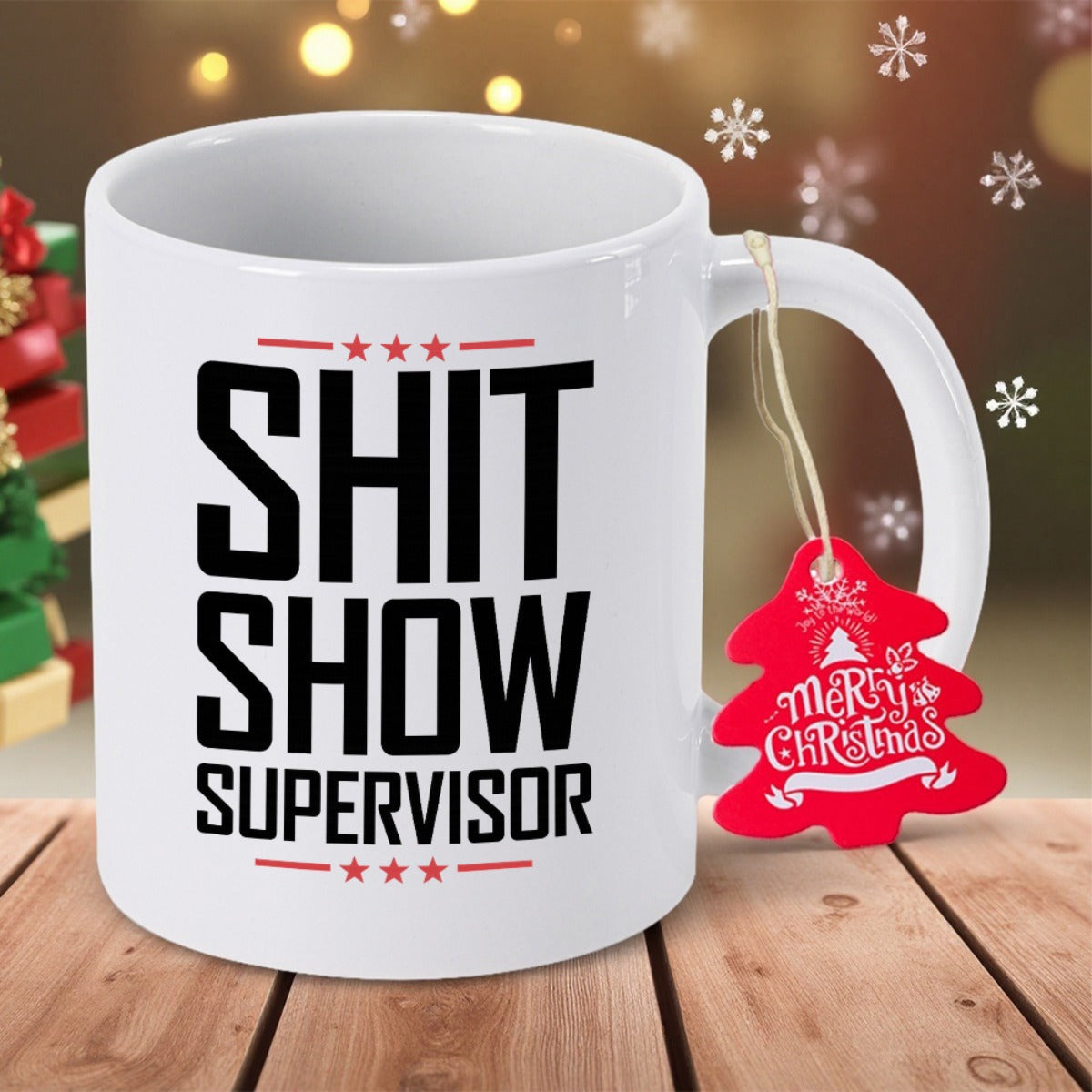 Tailorly White Ceramic 11 oz Mug - Shit Show Supervisor Bold Black Typography With Three Small Red Stars Among Lines Mug